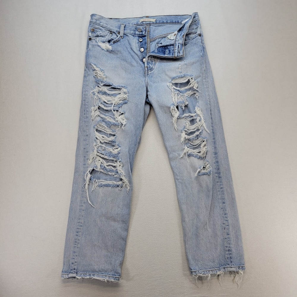 Levis Jeans Womens 29 Blue Wedgie Straight Button Fly Mid Rise Distressed Denim